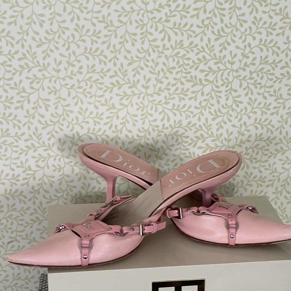 COPY - Dior mules with kitten heel -pink leather silver details -size 36 1/2